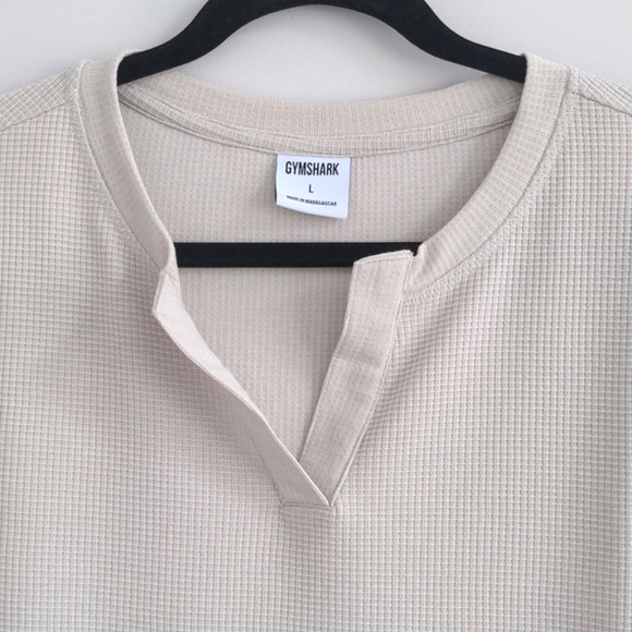 GYMSTARK | Waffle Knit Shirt Notch Neck Long Sleeve, Beige, Womens L - Picture 3 of 12